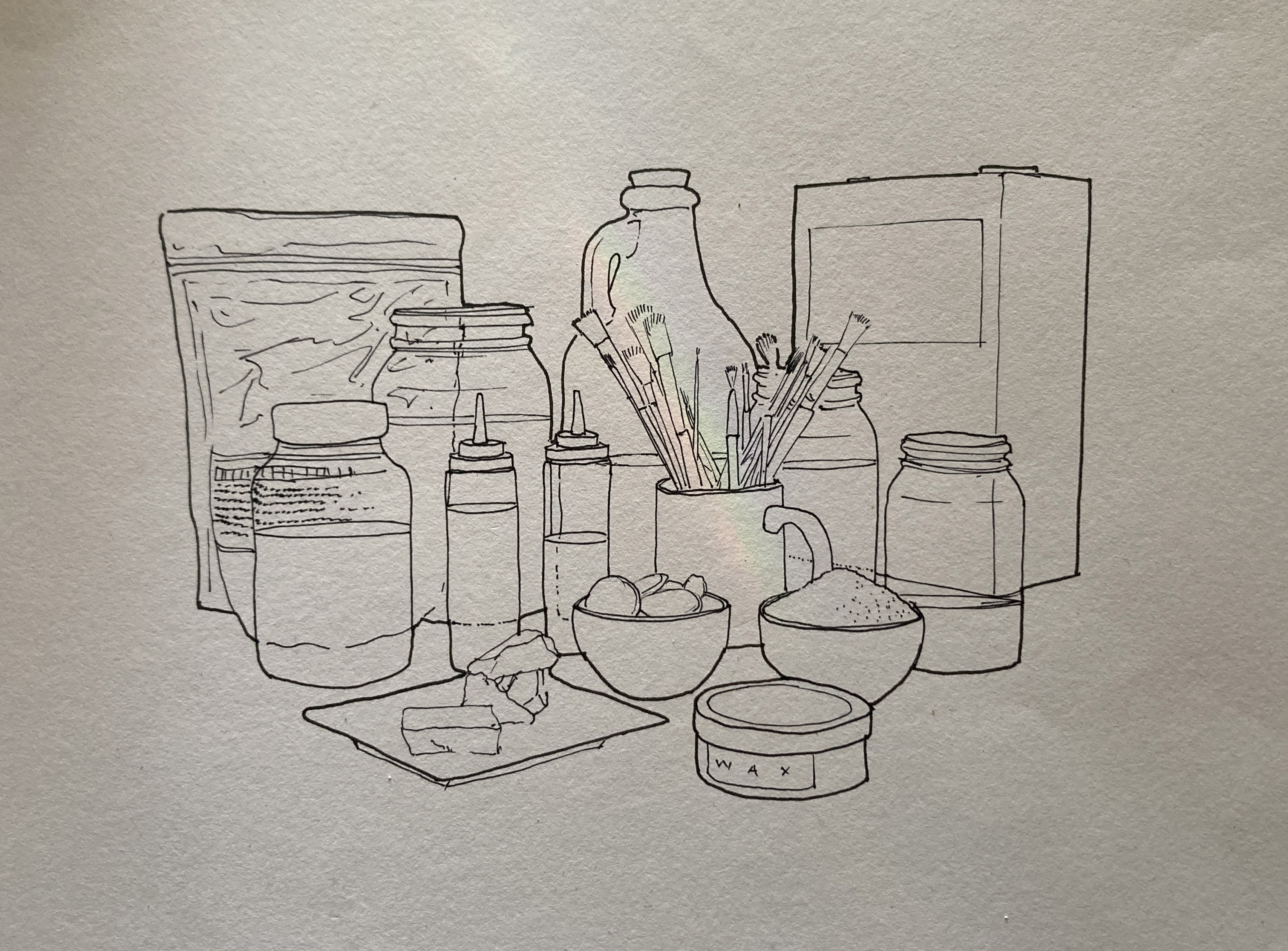 Lineart of the image of bottles, jars and finishing implements photographed on paper.